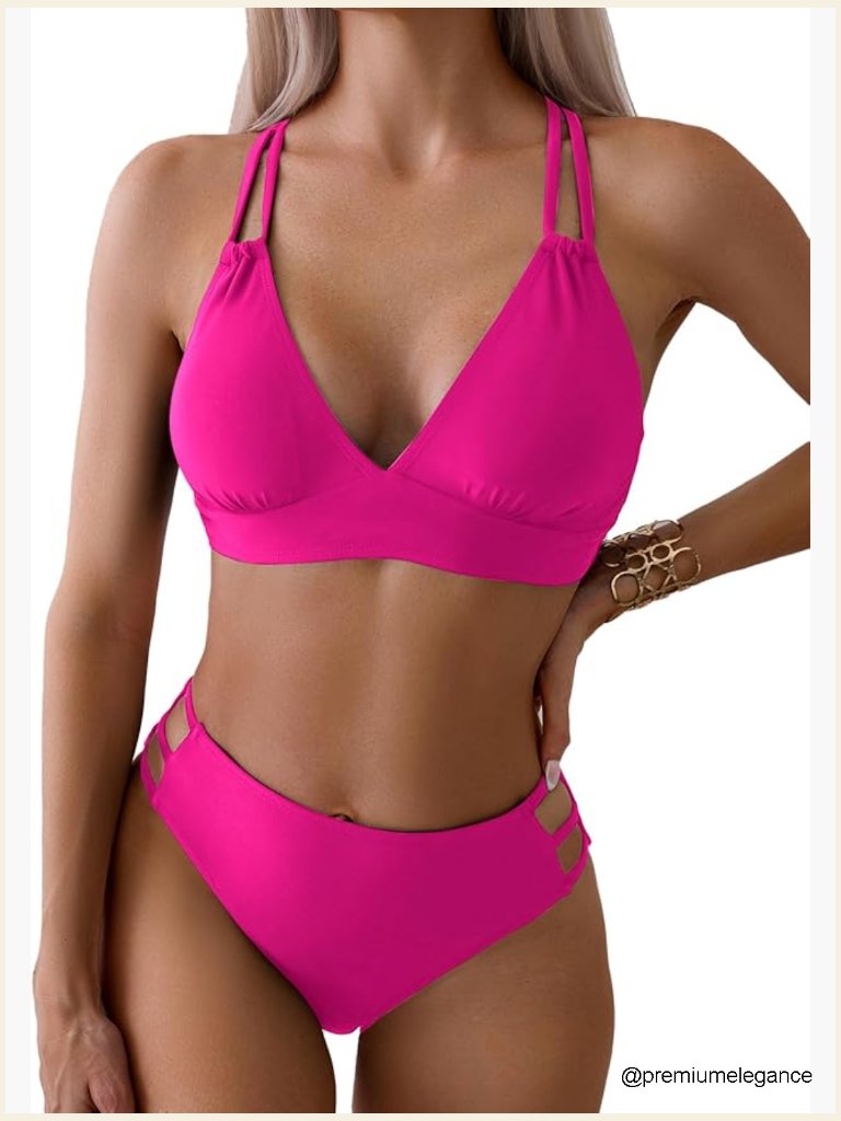 V Neck Bikini Set Cutout Mid Waist Two Piece Swimwear